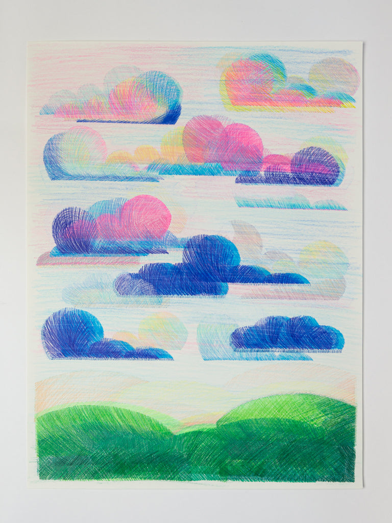 Brightly coloured drawing of clouds over rolling green fields. The clouds are layered with dark and light blues, pinks, yellows and oranges. The clouds closest to the fields are darker than the ones that are towards the top of the paper. The fields that sit at the bottom of the drawing are green, which changes from dark emerald green at the bottom to vibrant electric green at the top edge. The entire drawing is layers of pencil strokes.